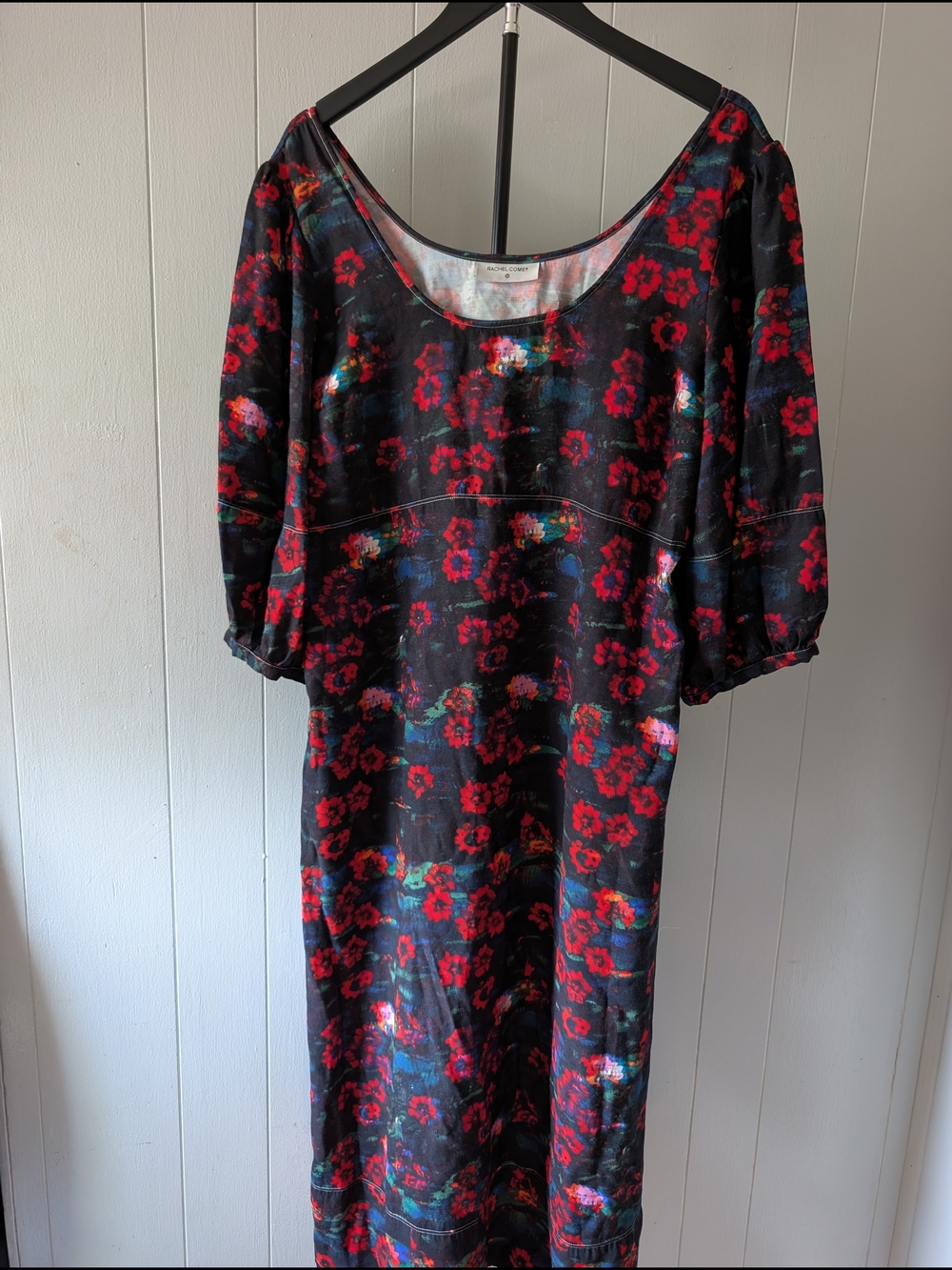Rachel Comey Black Floral Midi Dress with Red Accents